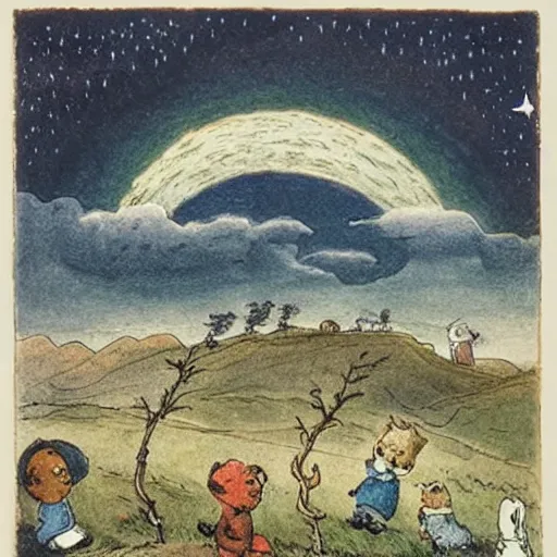 Prompt: night sky, stars, literally smiling moon with happy eyes prominently in the center, surrounded by clouds, landscape, illustrated by peggy fortnum and beatrix potter and sir john tenniel