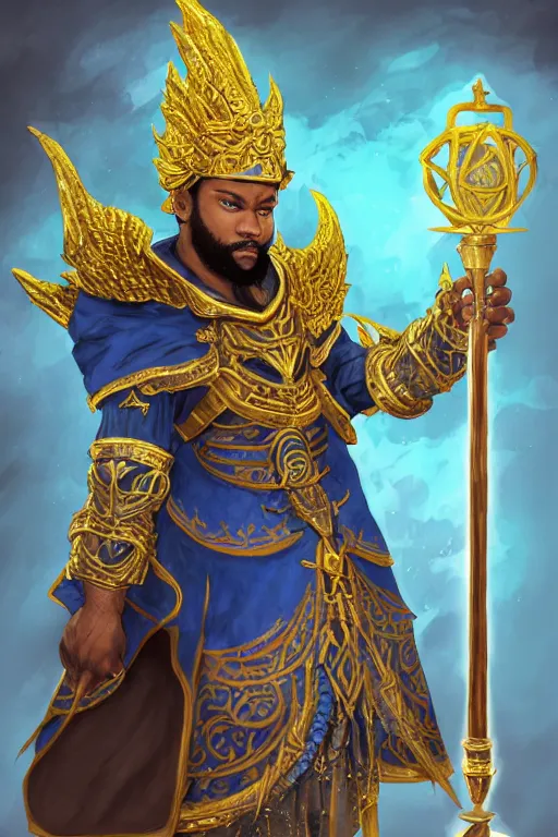 Prompt: Picture of a male Cleric, black skin, blue short hair, short beard, dragon-inspired cloth robes, gold and blue, ornamental, hammer, wings, background depicting a temple, fantasy, dnd, d&d, sharp focus, smooth, illustration, digital painting, highly detailed, by akihiko yoshida, james jean andrei riabovitchev marc _ simonetti, yoshitaka amano, artstation