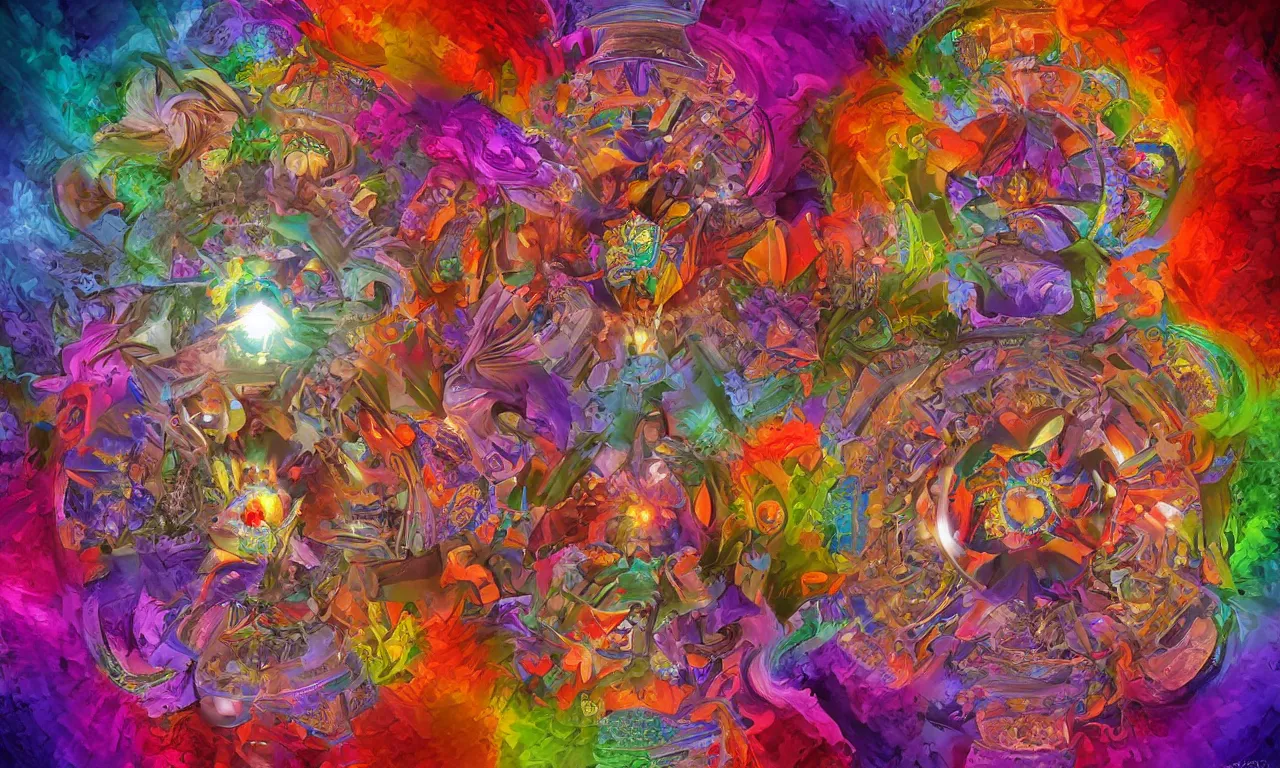 Image similar to voronoi engine laboratory 3 d volume kaleidoscope mandala fractal chakra digital multicolor stylized concept substance by artgerm, rossdraws, norman rockwell, magali villeneuve, gil elvgren, alberto vargas, earl moran, enoch bolles radiating a glowing aura global illumination ray tracing hdr