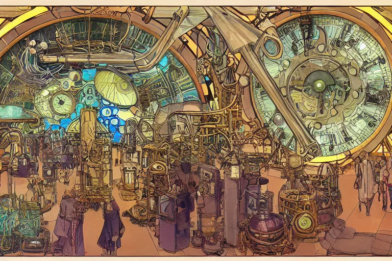 Image similar to front view on steampunk lab with big vapor tubes and alchemy equipment, mad scientist working, giant video screens, sci - fi vending machine, big plants, clock, retrofuturism, concept art by mucha and moebius and victo ngai, clean line, diesel punk