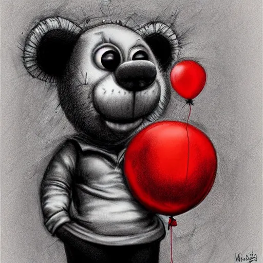 Image similar to surrealism grunge cartoon portrait sketch of a teddy bear with a wide smile and a red balloon by - michael karcz, loony toons style, billie eilish style, horror theme, detailed, elegant, intricate