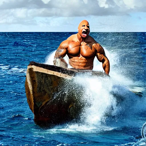 Prompt: photo of Dwayne Johnson yelling and riding a sark in the middle of the ocean, full shot, highly detailed face