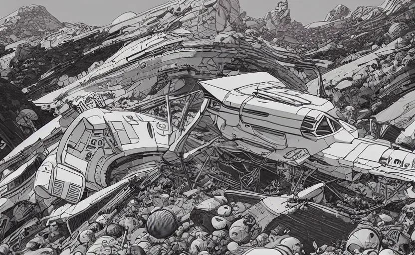 Prompt: very detailed, ilya kuvshinov, mcbess, rutkowski, simon roy, illustration of a giant crashed space ship on a desert planet, wide shot