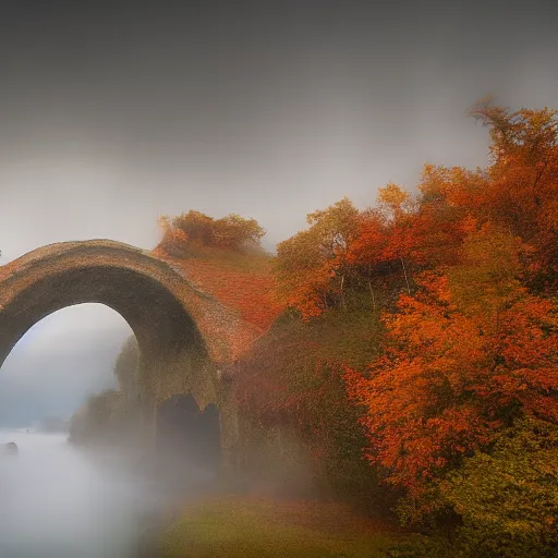 Prompt: the mist in the autumn valley, the ancient magical bridge by quentin mabille