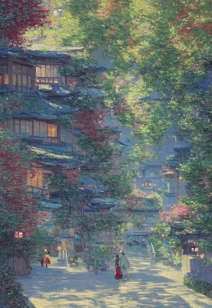 Image similar to a beautiful japanese city in the mountain, amazing ryokans and gorgeous edo era houses, epic cyberpunk, lofi vibe, colorful, vivide colors, amazing light, really beautiful nature, oil painting in impressionist style, by jeremy lipkin, by claude monet, by makoto shinkai, kandinsky touches, multiple brush strokes, inspired by ghibli, masterpiece, beautiful