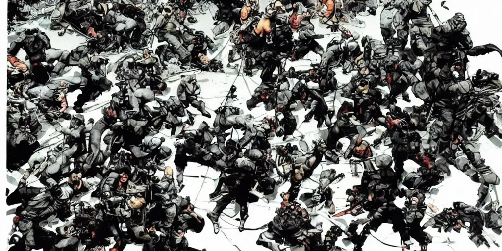 Prompt: a tight shot of a dozen monkeys attacking people in Japan by Yoji Shinkawa and Ashley Wood, rule of thirds