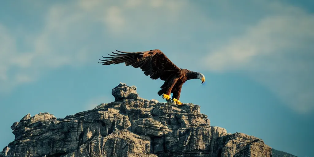 Prompt: a majestic eagle made of stone, spreading it's wings wide and calling to the sky, hazy sky, mountain background, tree line, stylish, beautiful, epic