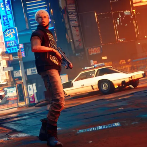 Image similar to an in-game screenshot of blonde hair blue eyed boy in Cyberpunk 2077