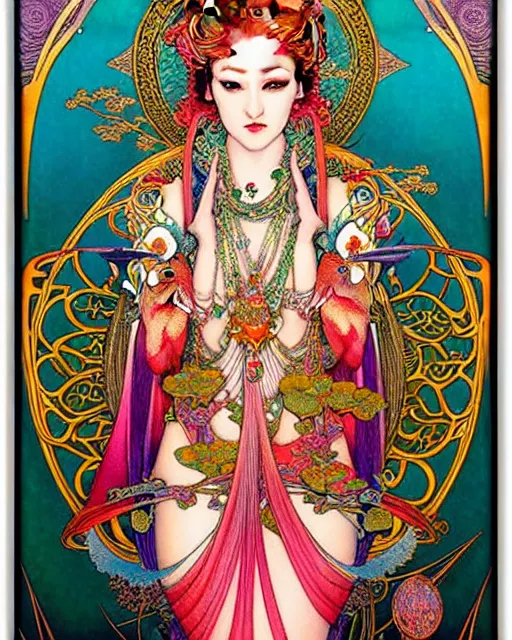 Image similar to beautiful and playful ethereal ginger hindu goddess, art nouveau, fantasy, intricate japanese flower designs, elegant, highly detailed, sharp focus, art by chie yoshii