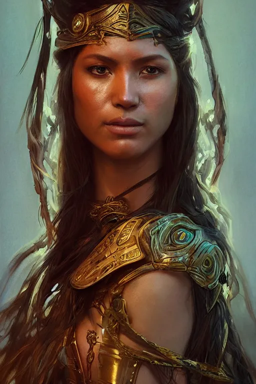 Image similar to portrait of a female Amazon warrior looking fierce and crying, sci-fi, fantasy, intricate, dramatic studio lighting, highly detailed, high contrast, backlit, cgsociety, artstation, octane render, unreal engine, concept art, sharp focus, art by artgerm and greg rutkowski and alphonse mucha