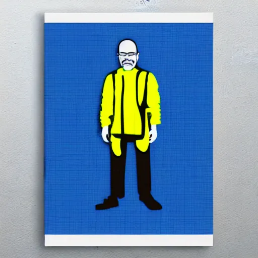 Prompt: multicolor 3 d render of walter white graffiti wearing yellow outfit by roy lichtenstein in 4 k ultra high resolution, with depressive feeling