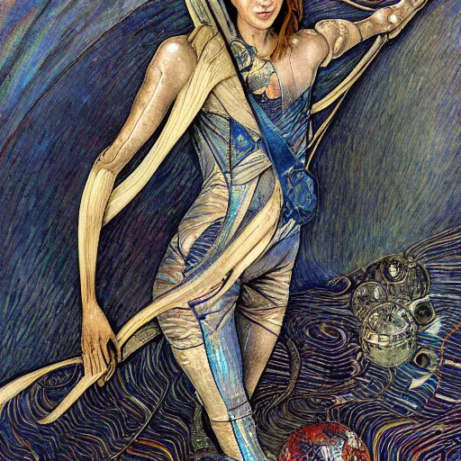 Image similar to the mummy astronaut, style hybrid mix of Anton Pieck+Jean Delville+ Amano,Yves Tanguy+ Alphonse Mucha+ Ernst Haeckel+ Edward Robert Hughes+Stanisław Szukalski , rich moody colors,diamond dust glitter and sparkles, holographic krypton ion,blue eyes,octane render,4k, ighly detailed, hyperrealism, excellent composition, cinematic concept art, dramatic lighting, trending on ArtStation