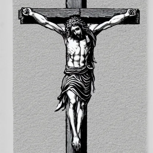 Prompt: Jesus christ on the cross, by Kentaro Miura, manga, black and white, pen and ink, high detail