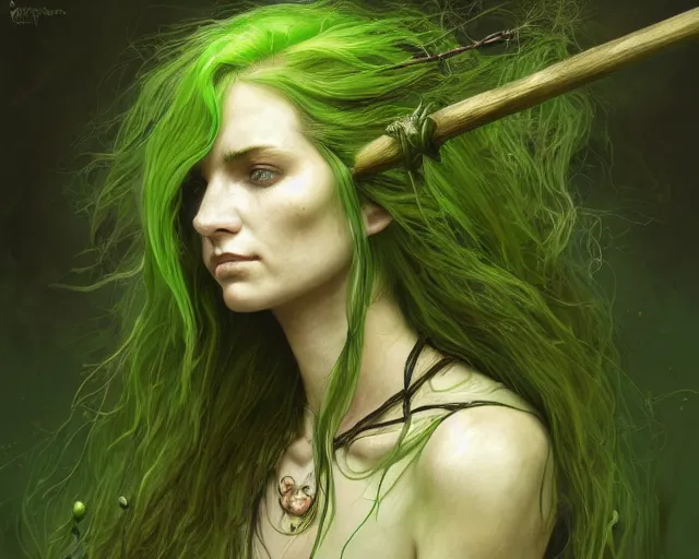 Image similar to portrait of a swamp witch, green colored skin, green hair, holding a caduceus staff, messy hair, deep focus, d & d, fantasy, intricate, elegant, highly detailed, digital painting, artstation, concept art, matte, sharp, illustration, hearthstone, art by artgerm and greg rutkowski and alphonse mucha