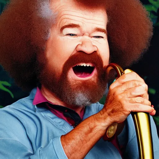 Prompt: bob ross screaming at a giant pink tuba