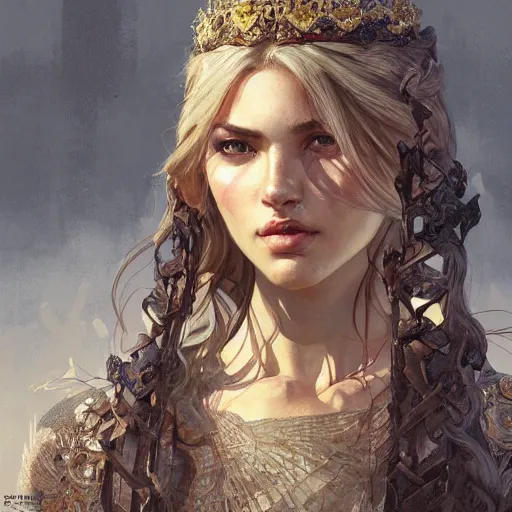 Image similar to portrait of a rugged queen, D&D, fantasy, intricate, elegant, highly detailed, digital painting, artstation, concept art, smooth, sharp focus, illustration, art by artgerm and greg rutkowski and alphonse mucha