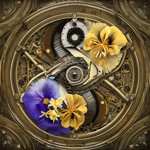 Image similar to a beautiful intricate fine art portrait photo of a mechanical industrial steampunk cybernetic yin yang symbol, overgrown with morning glory flowers, montsera leaves by tom bagshaw and zach sutton, golden ratio composition, studio lighting, 50mm lens, very detailed, bionic, cybernetic scifi, deep depth of field, artstation, 8K, highly coherent