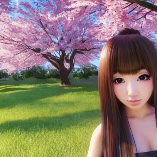 Image similar to a 4k photo famous japanese gyaru with Sakura tree blooming on background, unreal engine