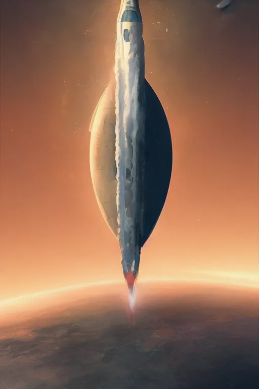 Prompt: poster artwork. distant rocket taking off. on the horizon. during golden hour. symmetry. washed out. desaturated. art by wlop, mars ravelo and greg rutkowski.