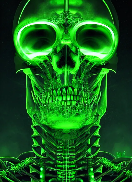 Image similar to extreme close up, portrait of a cyber skeleton, green glowing runes, exuding green energy runes, intricate, elegant, eerie lights, grim dark, ancient, gloomy, atmospheric, highly detailed, digital painting, artstation, concept art, smooth, sharp focus, illustration, art by wlop, mars ravelo and greg rutkowski