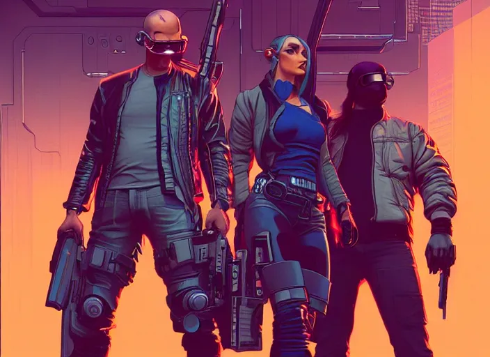 Image similar to cyberpunk hitmen. portrait by stonehouse and mœbius and will eisner and gil elvgren and pixar. character design. realistic proportions. cyberpunk 2 0 7 7 character art, blade runner 2 0 4 9 concept art. cel shading. attractive face. thick lines. the team. diverse characters. artstationhq.