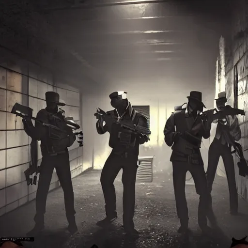 Image similar to 8 mafia members standing in a darkly lit alley way with tommy guns and bags of money on the floor, cinematic, dynamic lighting, cool, tactical, raining, photorealistic, stunning, detailed