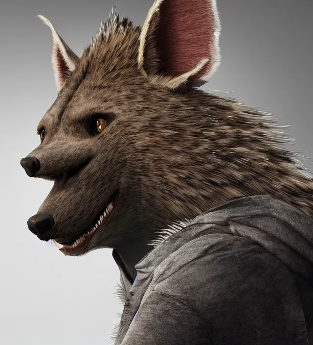 Image similar to a beautiful portrait of a handsome male anthropomorph brown hyena furry fursona wearing a hoodie. character design by cory loftis, fenghua zhong, ryohei hase, ismail inceoglu and ruan jia. artstation, volumetric light, detailed, photorealistic, rendered in octane