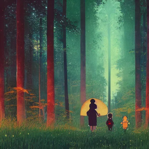 Image similar to a family walking in a beautiful luminous forest at night with fireflies, beautiful lighting, risograph, by ghibli, ross tran, hiroshi yoshida, klimt