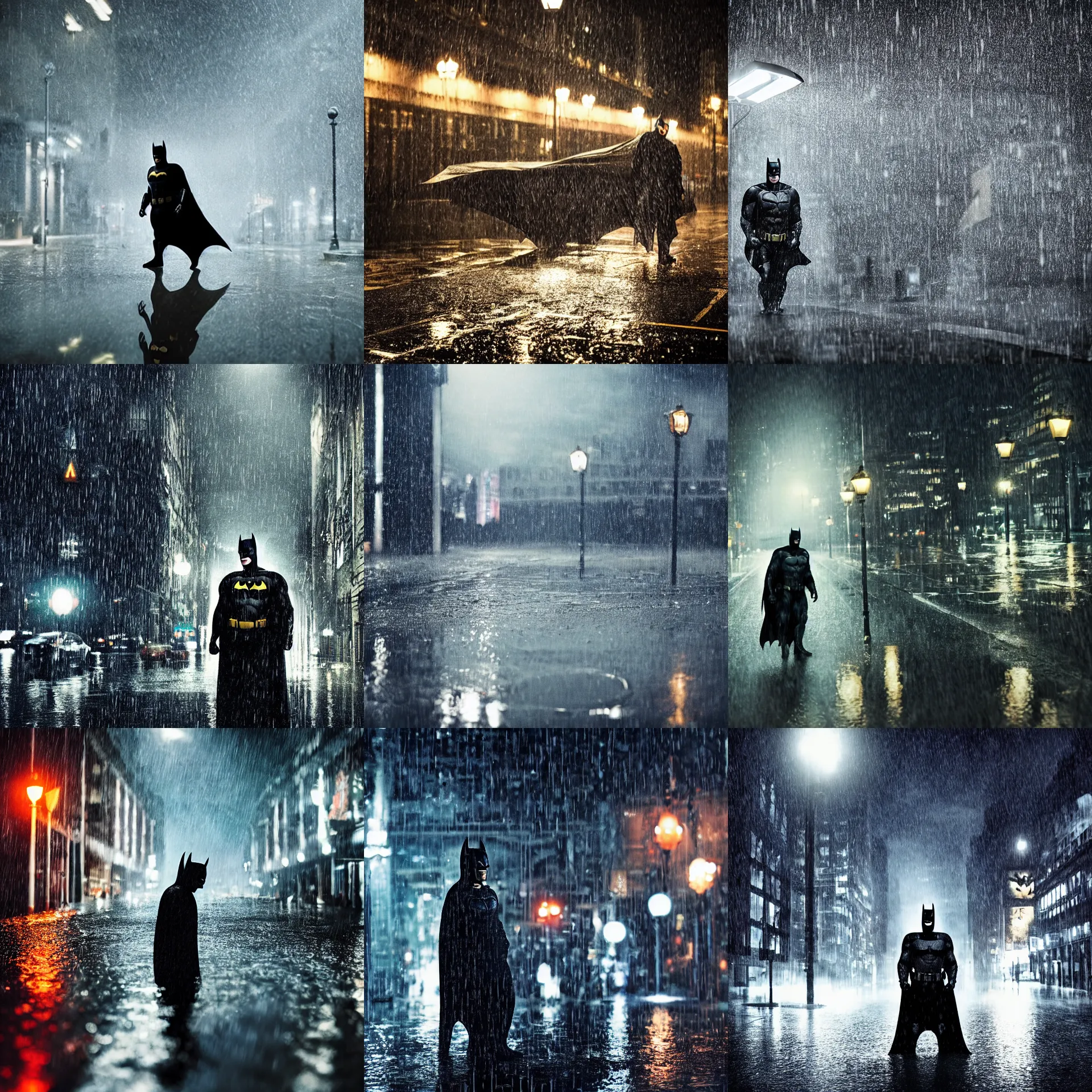 Prompt: Film still of Batman under the rain, puddles of water reflecting street lamp lighting, dramatic scene, cinematic scene, ambient lighting, focus, UHD