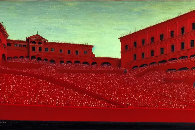 Image similar to only with red, a red great emperor, taormina amphitheatre, expressive crowd with big smile, in the style of beksinski, parts by edward hopper, parts by rodcenko, parts by yue minjun, intricate and epic composition, red by caravaggio, insanely quality, highly detailed, masterpiece, red light, artstation, 4 k