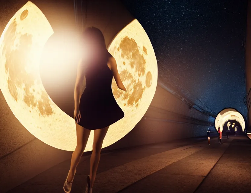 Image similar to woman, highspeed hyper jump in space accelerated movement in the tunnel blurry forward movement glowing beams of light | | sunny night, full moon, dreamlike art, realistic shaded, smile, good looking, hyper details, 4 k realistic, cryengine, realistic shaded lighting poster 8 k resolution, trending on artstation, luxury