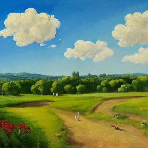 Prompt: This painting shows a beautiful summer's day. The blue sky is adorned with a scattering of fluffy white clouds. The scene is painted against a green background, and the hazy light of the sun has cast a rosy glow over everything.