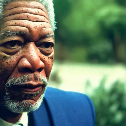 Image similar to a cinematic film still of Morgan Freeman starring in Boyz N The Hood, portrait, 40mm lens, shallow depth of field, close up, split lighting, cinematic