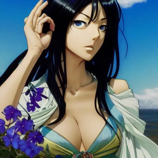 Image similar to highly detailed vfx portrait of nico robin by eiichiro oda!, makoto shinkai, alphonse mucha, sharp focus, art by artgerm and greg rutkowski!, backlit, harsh overhead sunlight, blue eyes!!, large aquiline nose!!, stanley kybric, kaoru mori, intricately detailed, top rated on pixiv,