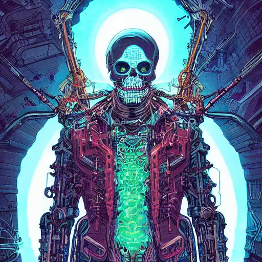 Image similar to portrait of a cybernetic evil undead skeleton sorcerer, cyberpunk concept art by josan gonzales and moebius and enki bilal and and dan mumford and jean claude meziere and philippe druilleg