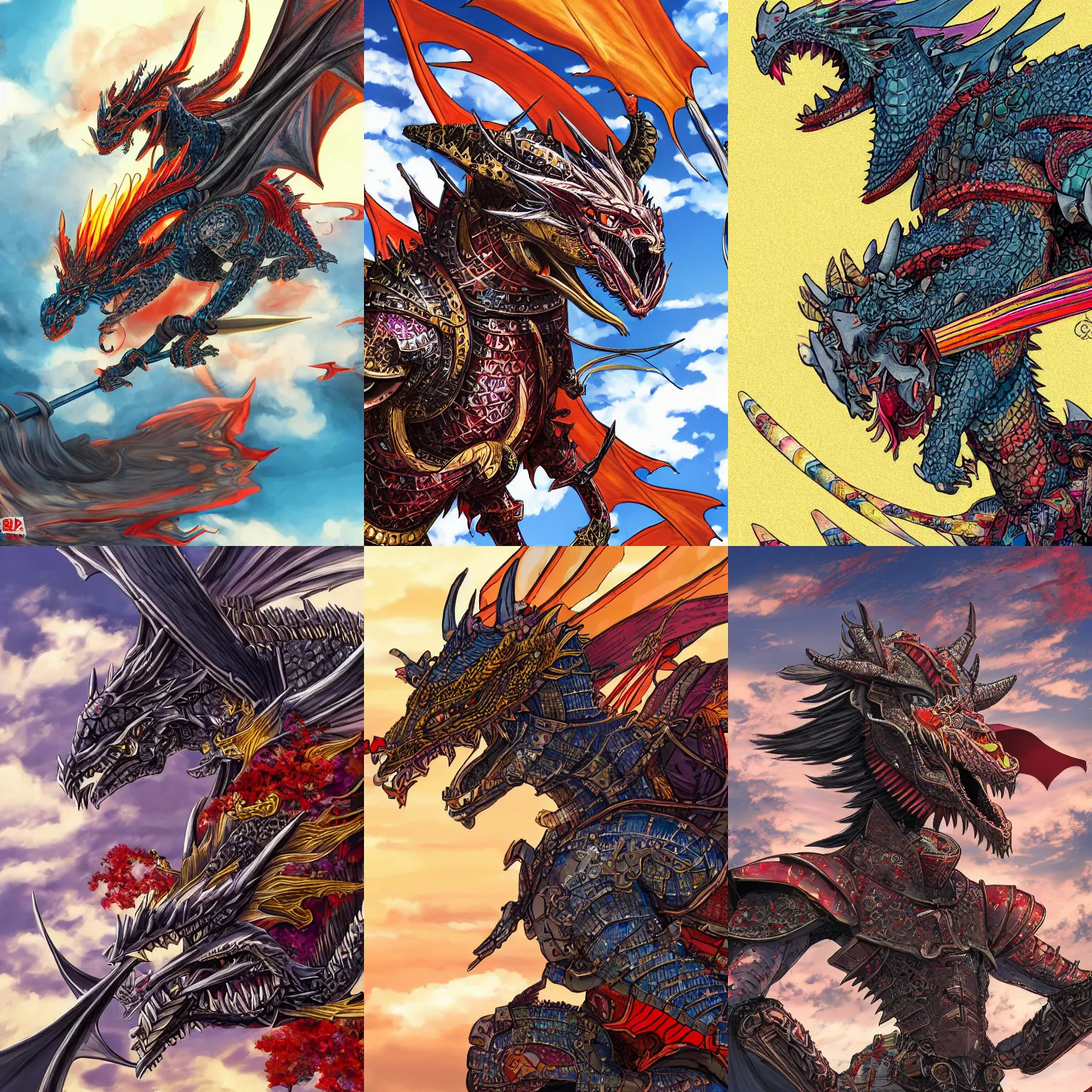 Prompt: A dragon in a samurai armor flying in the sky, manga, colorful realistic, Hyperdetailed, 8k resolution, intricate