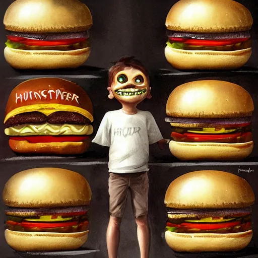 Image similar to a monster with a hamburger head, hamburger face, burger head, burger with human eyes in the top bun, burger with a mouth, teeth between bread and patty, character concept art, fantasy drawing, illustration, highly detailed, hyperrealistic, cgsociety, artstation, oil painting by greg rutkowski