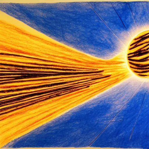 Image similar to single line drawing the sun's Corona emitting solar flares, blue ink pen