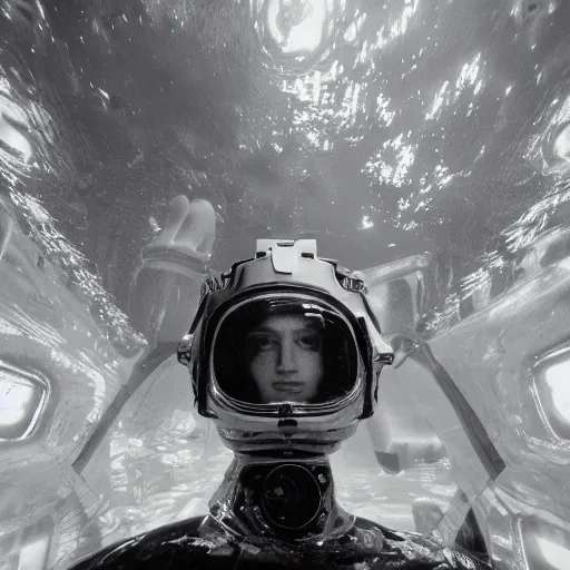 Prompt: infrared concept art by david cronenberg diver astronaut in underwater futuristic dark and empty spaceship. complex and hyperdetailed technical suit design. reflection material. rays and dispersion of light breaking through the deep water. 3 5 mm, f / 3 2. noise film photo. flash photography. trend artstation