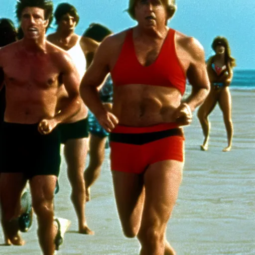 Prompt: Trump stars in Baywatch, running down beach 1980s