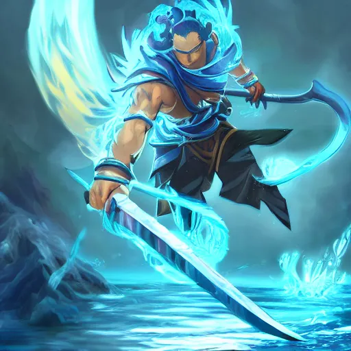 Prompt: fantasy art of tanjiro kamado, a water swordsman from demon slayer that controls the power of water sword along with water breathing. digital art, fantasy art, high quality, trending on artstation, league of legends splash art, very detailed