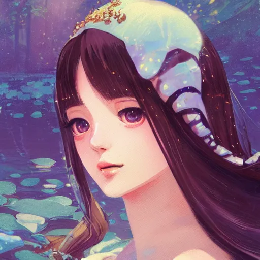 Image similar to A potrait of a mermaid with big and cute eyes, fine-face, realistic shaded perfect face, fine details. Night setting. Very anime style. Realistic shaded lighting poster by Ilya Kuvshinov katsuhiro, magali villeneuve, artgerm, Jeremy Lipkin and Michael Garmash, Rob Rey and Kentarõ Miura style, trending on art station