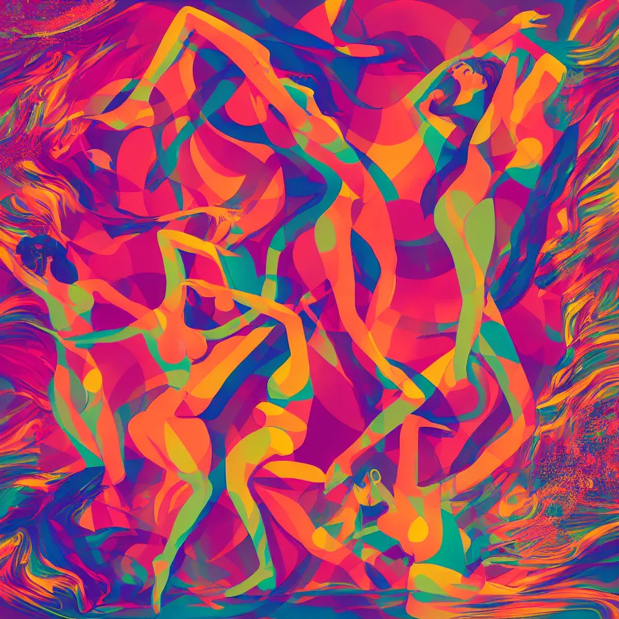Prompt: album cover design depicting beautiful dancing women, by Jonathan Zawada, digital art