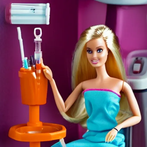 Image similar to barbie doing heroin with a syringe, toilet