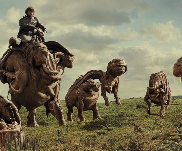 Image similar to 35mm still from a sci fi blockbuster movie made in 2022, set in 1860, of a family riding on the back of alien hippos, on an alien planet, across an alien landscape that is full of strange wild alien plants and flowers, the family are wearing 1850s era clothes, cinematic lighting, 4k, in focus faces, good quality lighting, good quality photography, oscar winner