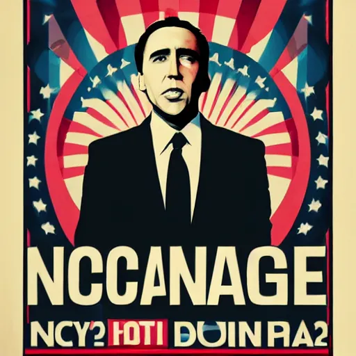 Image similar to nicolas cage in the style of obama hope poster, art by shepard fairey