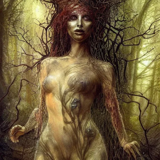 Image similar to portrait of a dryad inspired by hr giger, in a forest of fey autumn maples, her skin glistens with rainwater by greg rutkowski and brian froud dark mysterious, filtered evening light