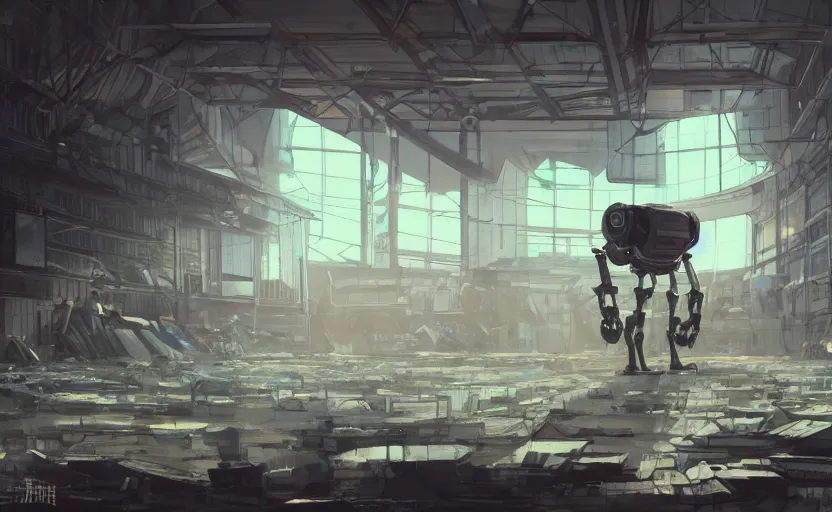 Image similar to a huge broken robot standing in a mess warehouse, crystal lights, sci - fi atmosphere, cel - shading, cinematic, artstation, studio ghibli, miyazaki, highly details
