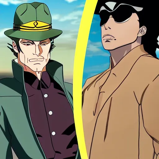 Image similar to kanye west vs ezra miller as jotaro vs dio, jojo, hd, anime art, jojo style