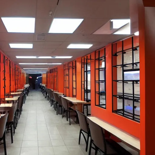 Prompt: interior of Taco Bell filled with jail cells and all of the customers are prisoners in Orange jumpsuits